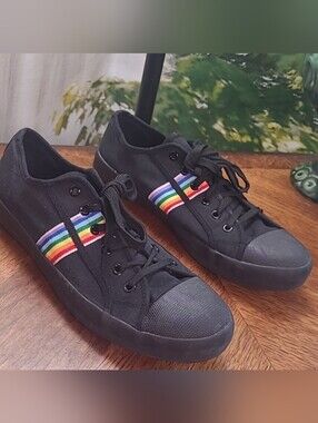 Citi Steps Womens 11 rainbow accent black canvas lace up flats sneaker shoes